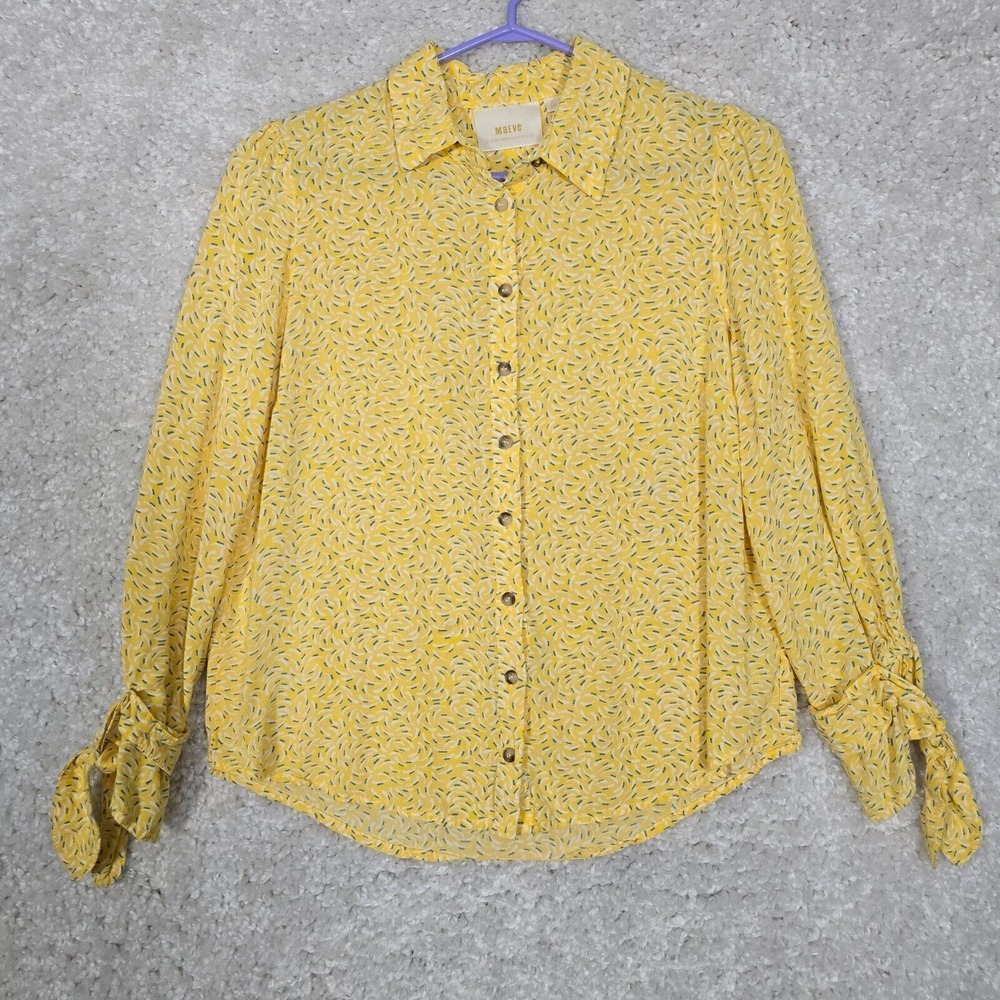 Maeve Womens Yellow Button Front Blouse Size 6 Tie Cuff Boho Cottagecore